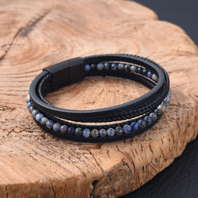 Fashion Jewelry Custom Natural Stone Black Men Leather Bracelet Stainless Steel Bracelet Multi-layer Braided Hand Rope
