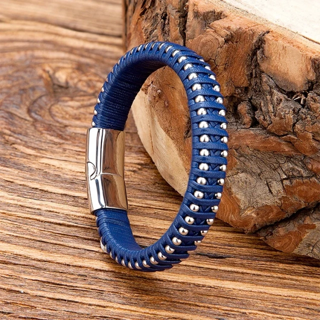 Wholesale Handmade Fashion Stainless Steel Leather Bracelet Men