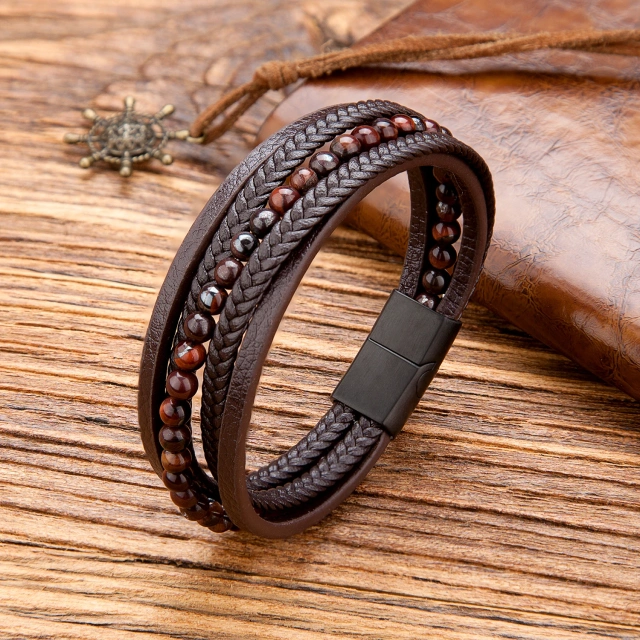 Luxury Wholesale Jewelry Stainless Steel Bracelet Leather Bracelet Magnetic Clasp Men Bracelet