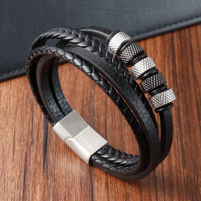 Men's Jewelry Double Layer Metal Stainless Steel Genuine Leather Braided Bracelet Handmade Multilayer Leather Bracelet