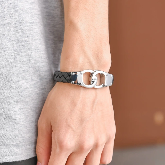 New Fashion Hand Woven Black Leather Rope With Stainless Steel Bracelet Men With Diy Laser Customized Words Beads