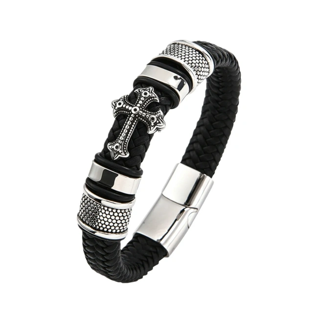 Men's Fashion Charm Bracelets Woven Cross with Stainless Steel New Magnetic Buckle Wholesale Leather Bracelets