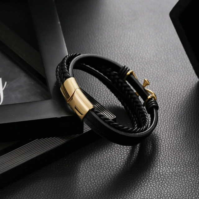 Wholesale Men's Multi-Layer Anka Cross Leather Bracelet Cross-Border Hot Woven Rope Jewelry Fashion Charm Bracelets Personality