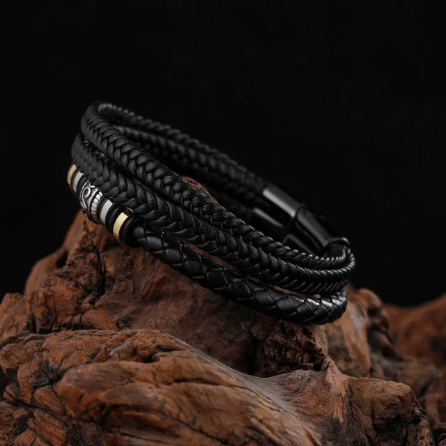 2024 Men's Stainless Steel Multi-Layer Braided Leather Bracelet with Titanium Steel Magnetic Clasp Fashionable Bangles