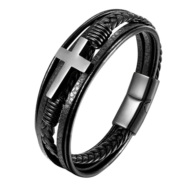 Designer Jewelry Custom Braided Cross Bracelet Magnetic Clasp Men Genuine Leather Bracelet Stainless Steel Magnetic Clasp Chain