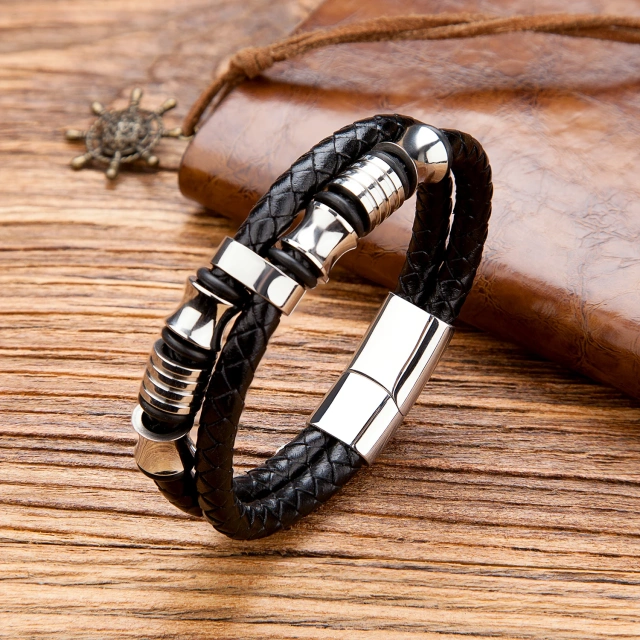 Fashion Trend Luxury Mens Fashion Jewelry Stainless Steel Chain Leather Bracelet for Men Trendy Male Wristband