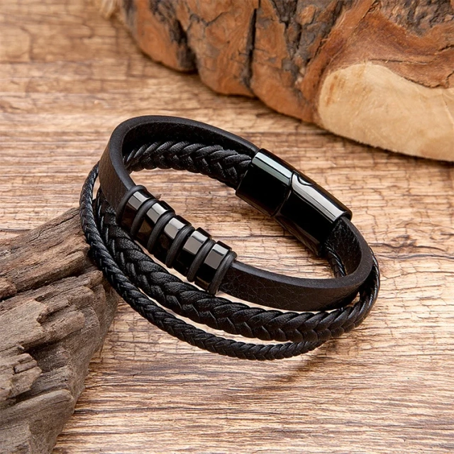 Men's Multi-Strand Braided Leather Chain Bracelet with Magnetic Closure
