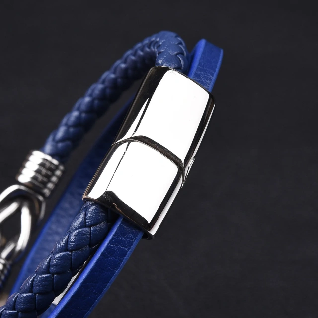 Luxury Silver Stainless Steel Bracelet Men Women Jewelry Blue Leather Multilayer Woven Leather Bracelet Braided