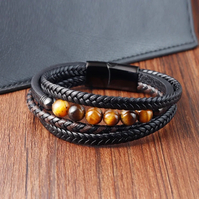 Natural Stone Volcanic Leather Bracelet Stainless Steel Magnetic Clasp Braided Leather Bracelet Multi-layer Men's Jewelry Bangle