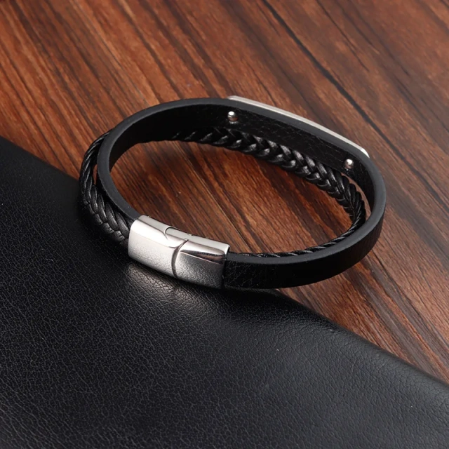 Stock Mens Leather Bracelet With Magnetic Clasp Multi-layer Braided Leather Mens Bracelet for Men