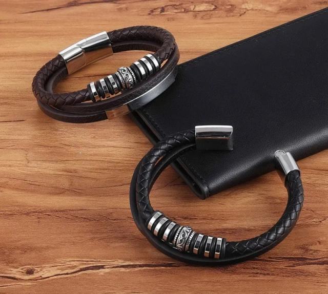 Wholesale Genuine Leather Men Bracelet High Quality 316l Stainless Steel Multi Layer Bracelet Jewelry