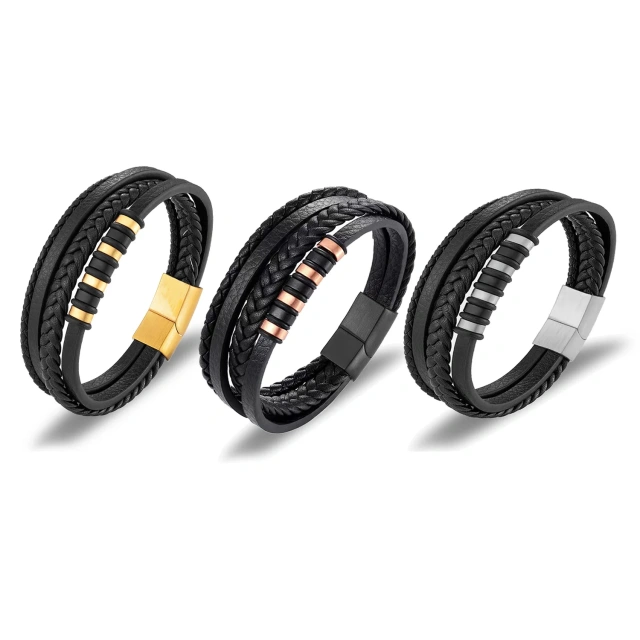 Personalized Stylish Custom Gold Leather Bracelet Braided Stainless Steel Bracelet Men