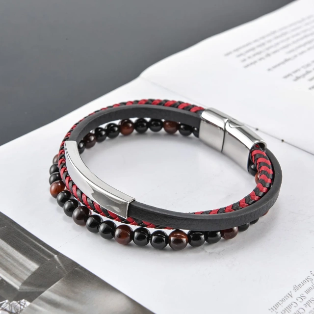 Fashion Hot Men's Hip Hop Braided Bowknot Leather Titanium Steel Punk Magnet Buckle Wrap Bracelets