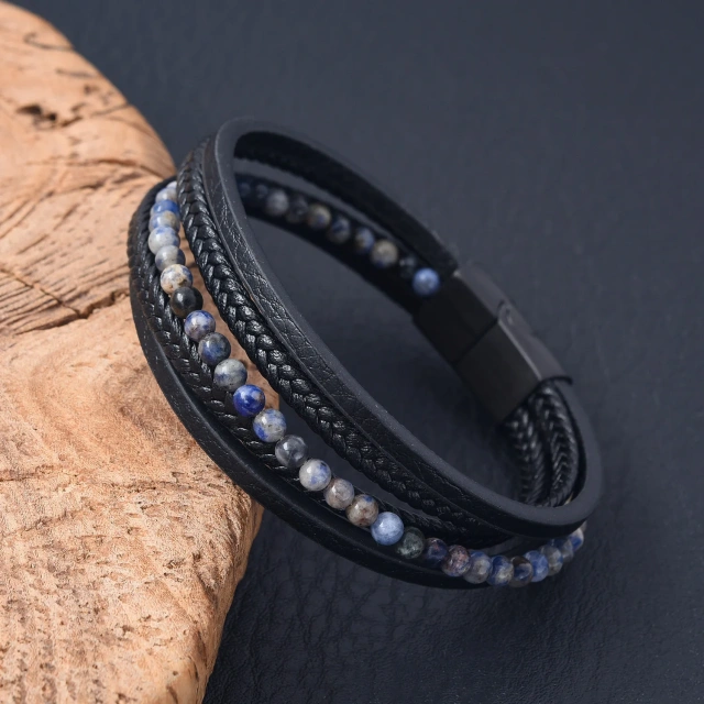 Fashion Jewelry Custom Natural Stone Black Men Leather Bracelet Stainless Steel Bracelet Multi-layer Braided Hand Rope