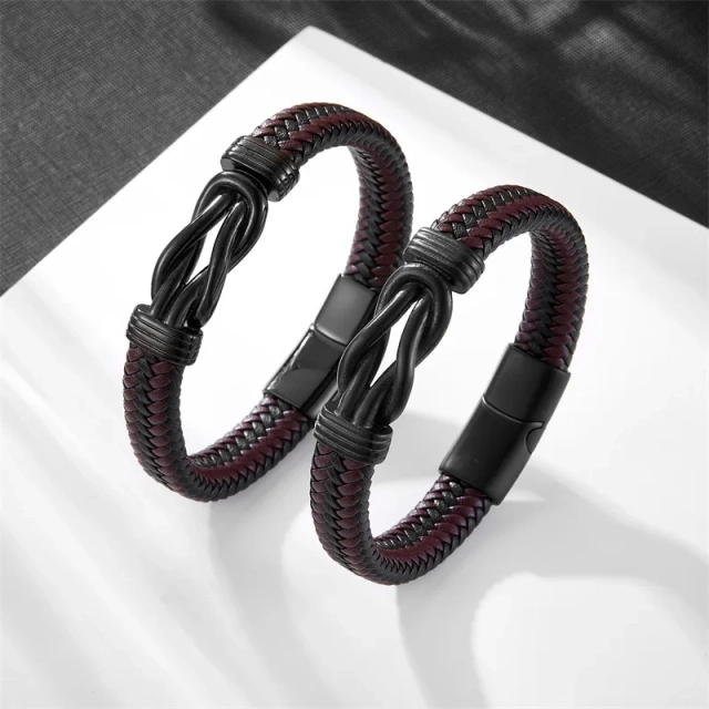 Custom Leather Infinity Knot Bracelet Leather Punk Jewellery Wristband Eternity Knot Stainless Steel Magnetic Clasp Bracelet