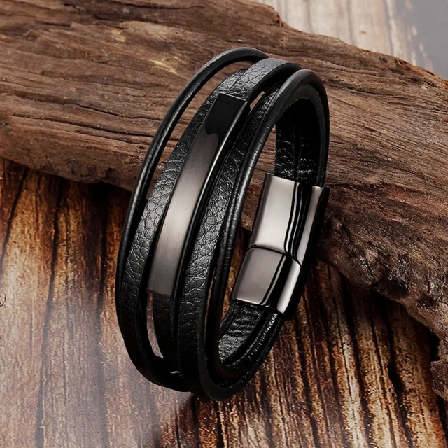 High Quality Genuine Leather Bracelet Men Stainless Steel Chain Bracelet