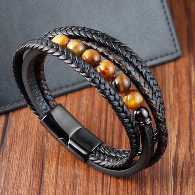 Luxury Jewelry Natural Stone Engraved Logo Braided Leather Men Genuine Leather Bracelet Stainless Steel Magnetic Clasp Chain