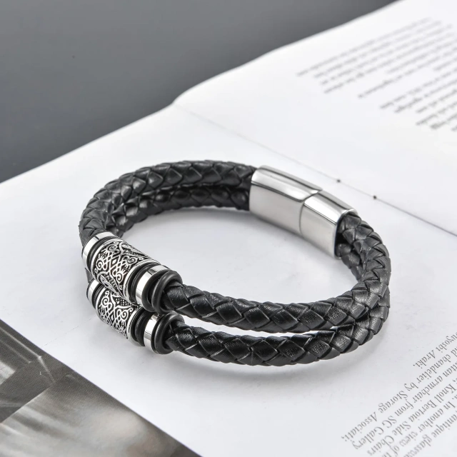 Hot Selling Stainless Steel Man Bracelet Magnetic Clasp Double Layer Braided Leather Rope Wrap Bracelet for Men