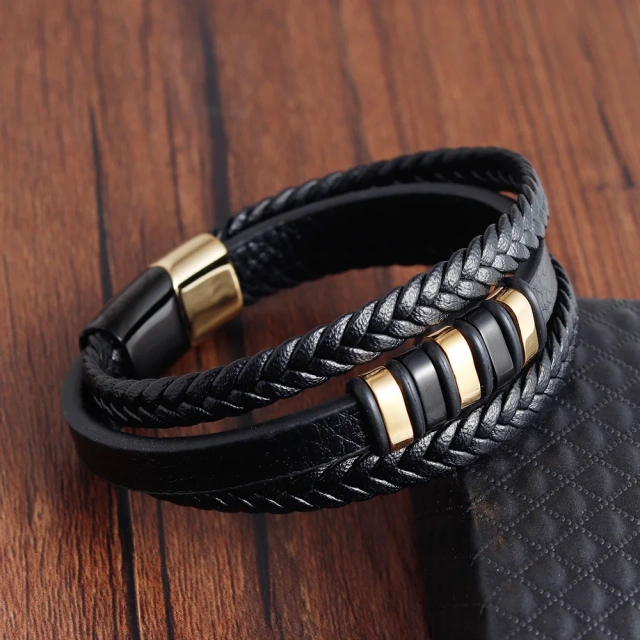 2023 Fashion Gifts Braided Design Classic Stainless Steel Christian Cross Black Men's Leather Bracelet for 19 21 Cm