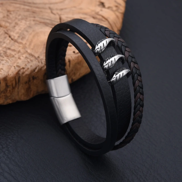 Popular Braided Leather Men Bracelet Stainless Steel Magnetic Clasp Leather Braided Chain Bracelet for Men