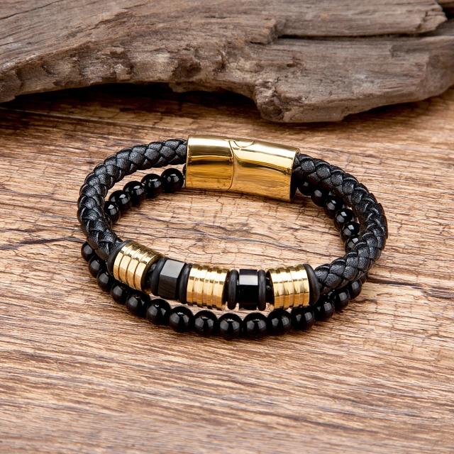 2023 Ouyuan Fashion Jewelry Stainless Steel Jewelry Custom Multi Layers Black Bracelet for Men Braided Leather Bracelet