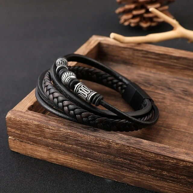 High Quality Punk Braided Wrap Leather Bracelet Handmade Beads Bracelet Men Luxury Silver Metal Tube Multilayer Leather Bracelet