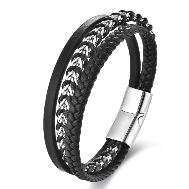 Multi-layer Genuine Leather Bracelet Wristband Blended With 316l Stainless Steel Chain & Magnetic Clasp | Durable Men's Bracelet