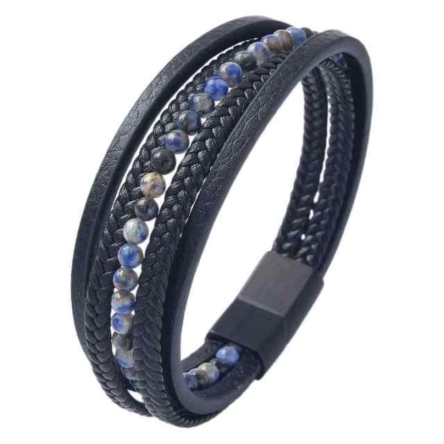 Fashion Jewelry Custom Natural Stone Black Men Leather Bracelet Stainless Steel Bracelet Multi-layer Braided Hand Rope