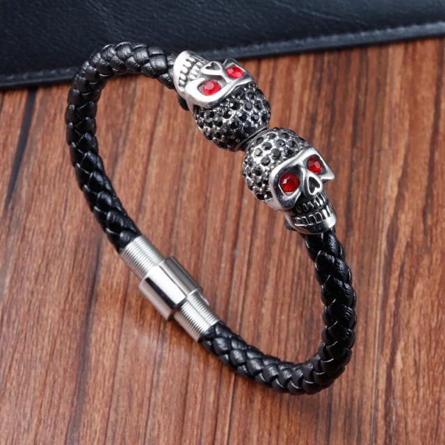Personalized Stainless Steel 21CM Leather Braided Bracelet Black Skull Wrap Bracelet Skull Bracelets for Men