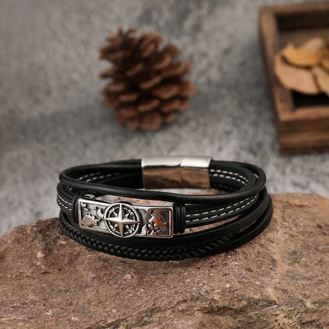 Custom Wholesale Fashion Simple Design Stainless Steel Blank Charm Engrave Mens Design Multi Layers Braided Leather Bracelet