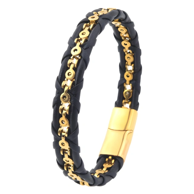 Factory Fashion Jewelry Leather Bracelet Waterproof Gold Black Stainless Steel Bracelet for Men