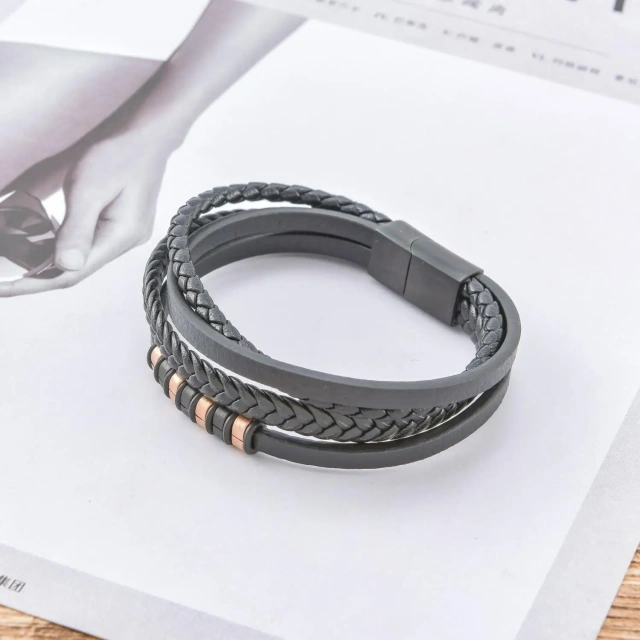 2023 Fashion Gifts Braided Design Classic Stainless Steel Buckle Christian Cross Black Men's Leather Bracelet for 19 21 23 Cm