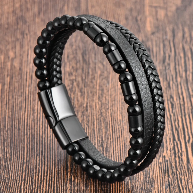 Custom Handmade Adjustable Stainless Steel Leather Bracelet for Men Latest Design Bead Bracelet Black Onyx Fashionable Bangles