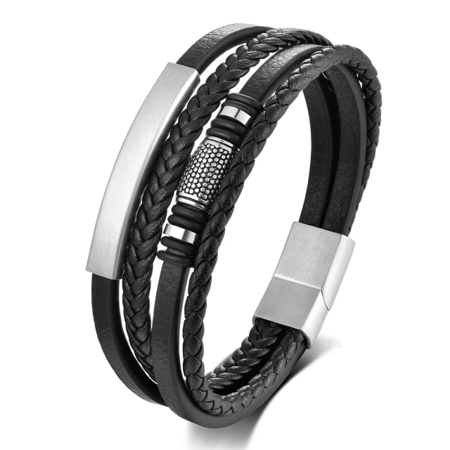 China Supplier Wholesale Men's Stainless Steel Multi-Layer Braided Leather Rope Bracelet New Creative Fashion Bracelets Magnetic