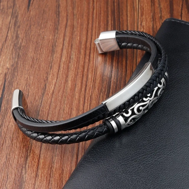 Handmade Stainless Steel Men's Bracelets with Gold Plating Custom Leather Strand Bracelets for Anniversaries