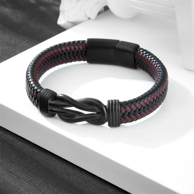 Custom Leather Infinity Knot Bracelet Leather Punk Jewellery Wristband Eternity Knot Stainless Steel Magnetic Clasp Bracelet