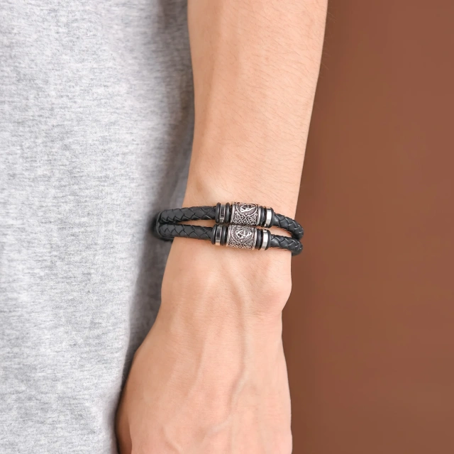 Hot Selling Stainless Steel Man Bracelet Magnetic Clasp Double Layer Braided Leather Rope Wrap Bracelet for Men