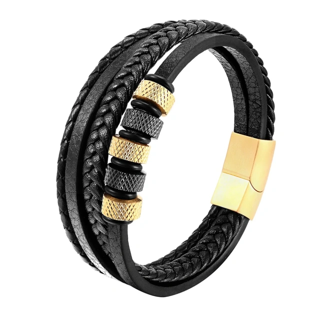 Men's Jewelry Double Layer Metal Stainless Steel Genuine Leather Braided Bracelet Handmade Multilayer Leather Bracelet