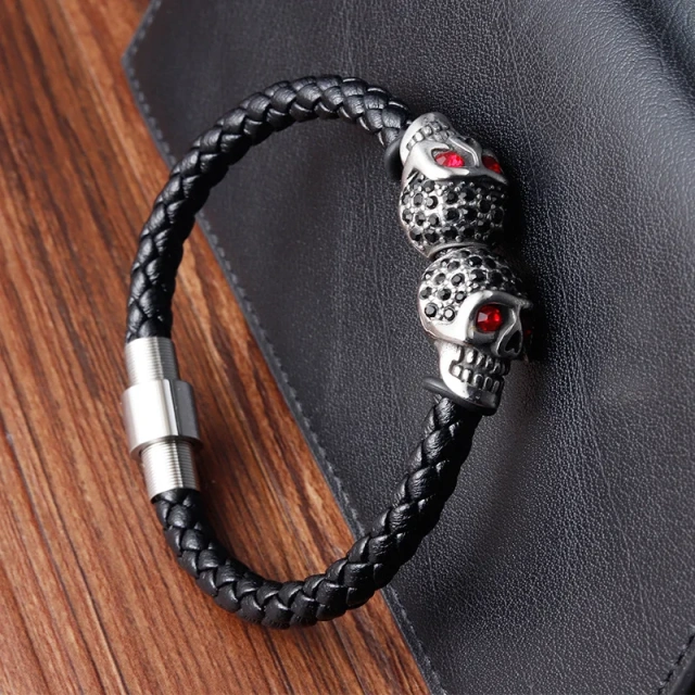 Personalized Stainless Steel 21CM Leather Braided Bracelet Black Skull Wrap Bracelet Skull Bracelets for Men