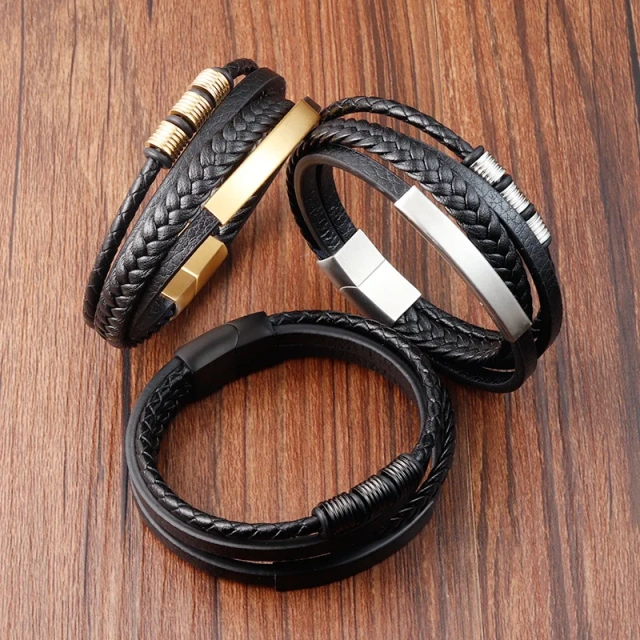 Wholesale Hiphop Silver Black Gold Leather Bracelet Man Bracelet Boy Bracelets