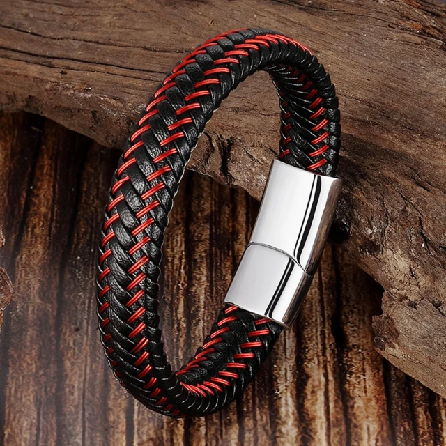 Stock Mens Leather Bracelet With Magnetic Clasp Multi-layer Braided Leather Mens Bracelet for Men