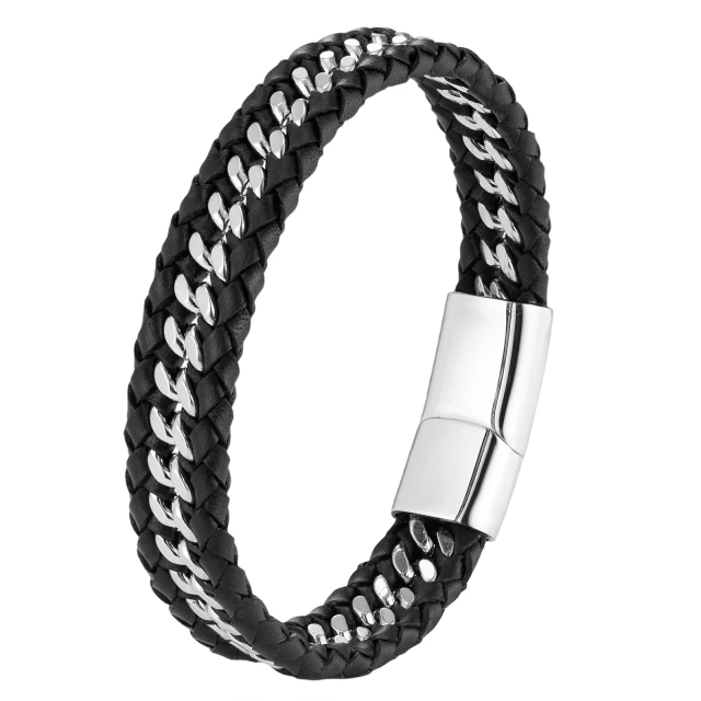 Wholesale Fashion Men Stainless Steel Clasp Black Leather Bracelets for Leather Men Bracelet
