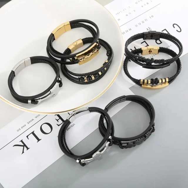 Magnetic Clasp Cowhide Leather Bangle Bracelet Stainless Steel Braided Leather Bracelet Multilayer for Men