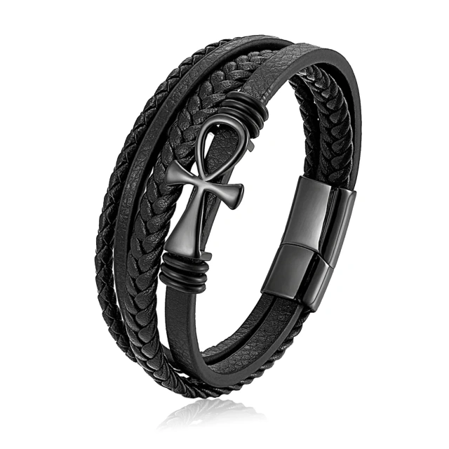 Wholesale Men's Multi-Layer Anka Cross Leather Bracelet Cross-Border Hot Woven Rope Jewelry Fashion Charm Bracelets Personality