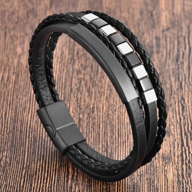 Handmade Multi Layer Braided Genuine Leather Bracelet Pvd Black Stainless Steel Magnetic Clasp Leather Bracelet Men's Jewelry