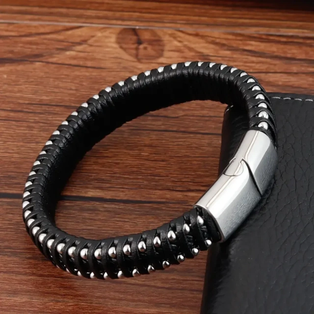 Luxury Jewelry 3 Strand Black Braided Leather Bracelet Braided Stainless Steel Bracelet for Men