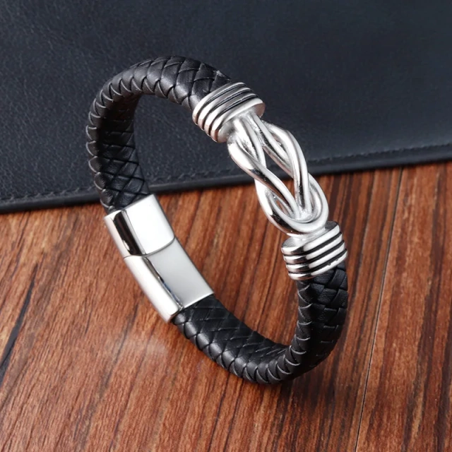 Spot Sale Punk Stainless Steel Knot Bracelet Men's Woven Brown and Black Leather Bracelet
