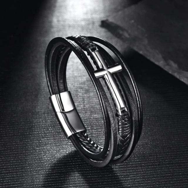 China Wholesale Price Personality Men's Multi-Layer Hand-Woven Leather Stainless Steel Bracelet for Men Leather Fashion Bangles