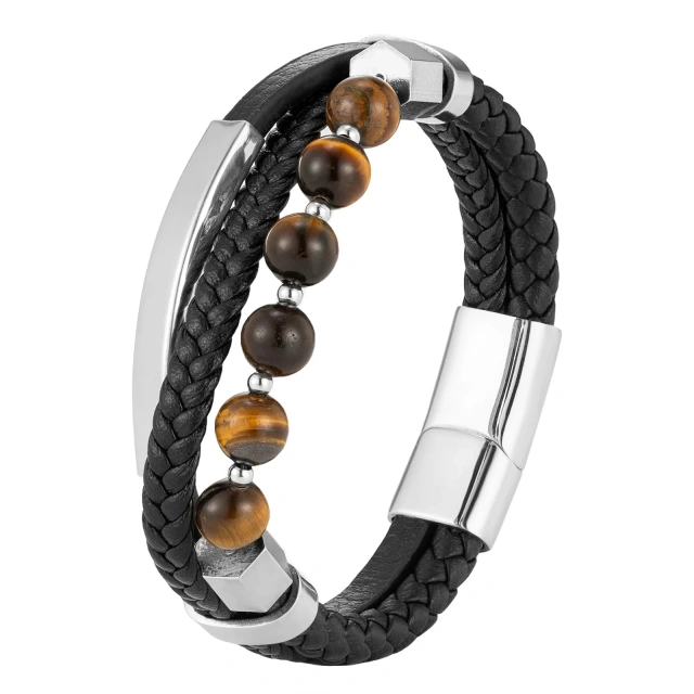 Fashion Jewelry High Quality Stainless Steel Genuine Leather Bracelet for Men Natural Stone Beads Bracelet Braided Magneti