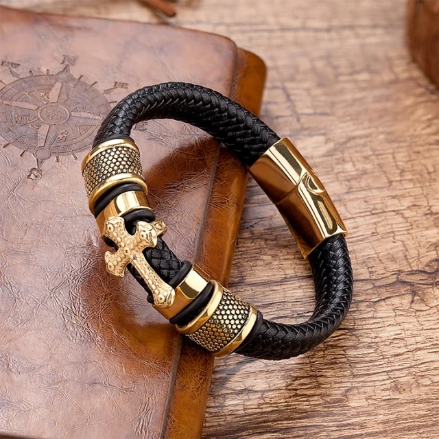 Personalised Wholesale Stainless Steel Gold Bracelet Men Leather